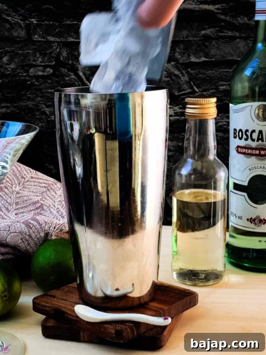 Add cubed ice to the cocktail shaker. Ensure the shaker is well-chilled for optimal results.