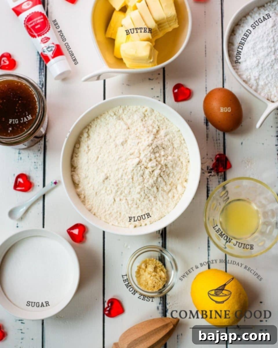 Ingredients for making heart shaped sugar cookies with fig jam and marbled glaze - flour, fig jam, butter, egg, powdered sugar, lemon juice, lemon zest, sugar and red food coloring.