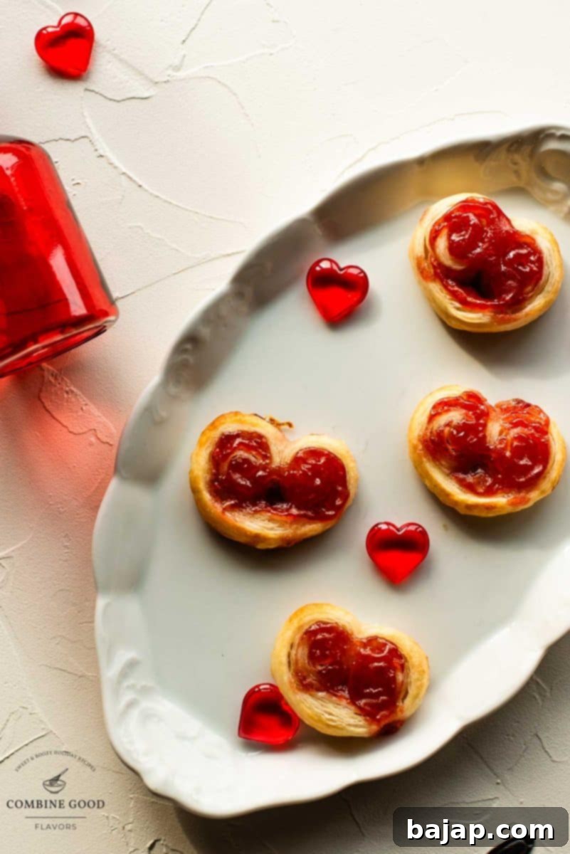 Beautiful puff pastry hearts with strawberry jam, trapped on an elegant, old serving platter. Decorated with glass hearts.