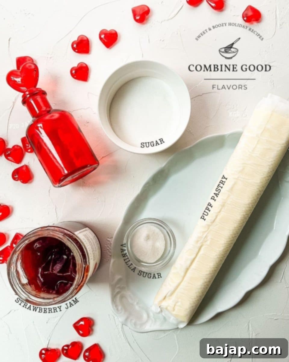 Ingredients for puff pastry hearts - Puff pastry, vanilla sugar, sugar, strawberry jam.