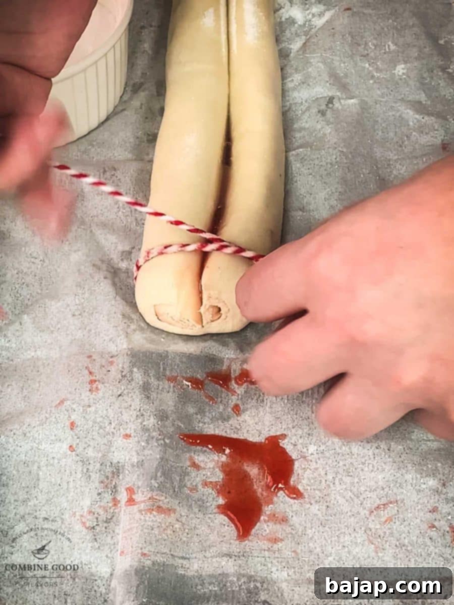 Cut the puff pastry roll using a kitchen twine.