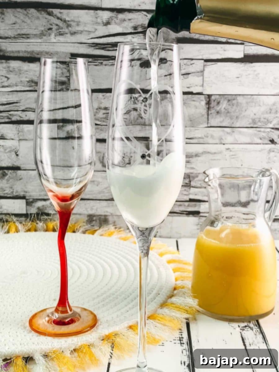 Fill the glass half full with sparkling wine.