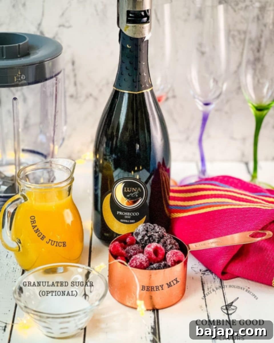 Ingredients for berry mimosa: orange juice, sparkling wine, frozen berry mix, and granulated sugar ready on a counter.