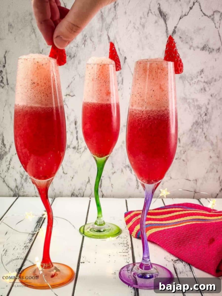 Garnish each berry mimosa with a fresh strawberry quarter on the rim for an elegant touch.