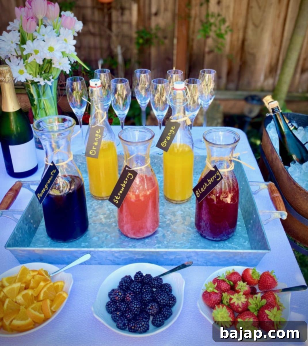 A beautifully set up Mimosa Bar with various juices, sparkling wines, and garnishes, ready for entertaining guests.