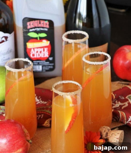 Bubbly Apple Cider Mimosas, loaded with fabulous fall flavor from cider, cinnamon syrup, and Calvados apple brandy.