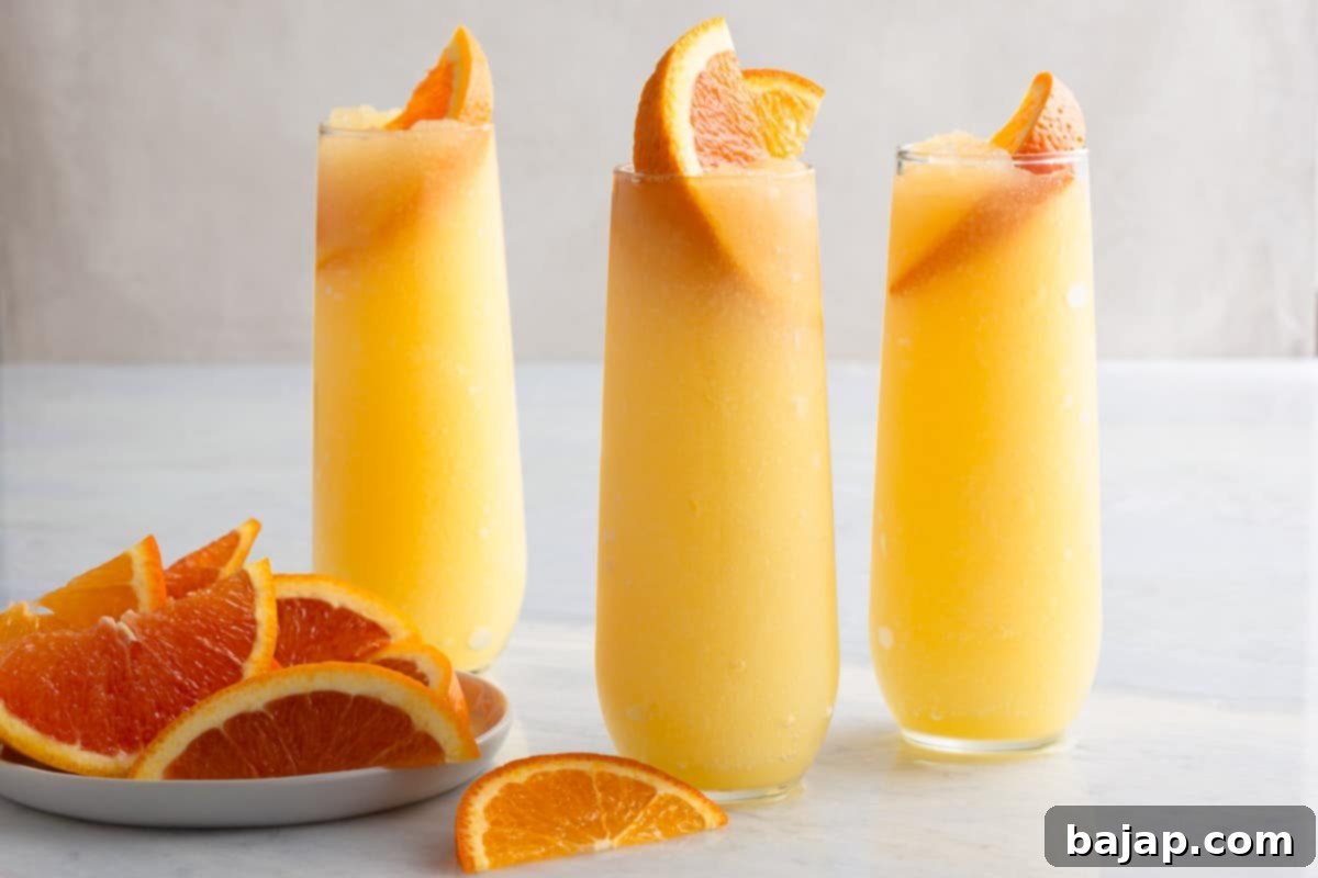 A refreshing Frozen Grand Mimosa, a slushy treat with orange juice, sparkling wine, and Grand Marnier, perfect for summer.