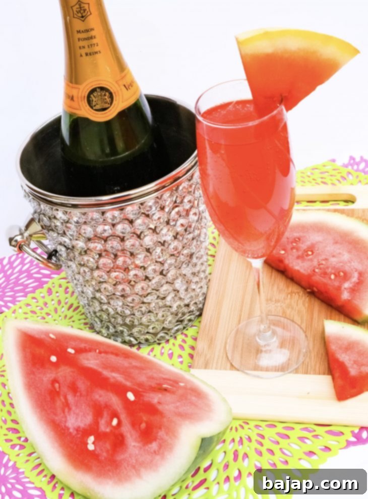 Refreshing Watermelon Mimosas, a perfect and easy summer drink made with watermelon juice instead of orange juice.