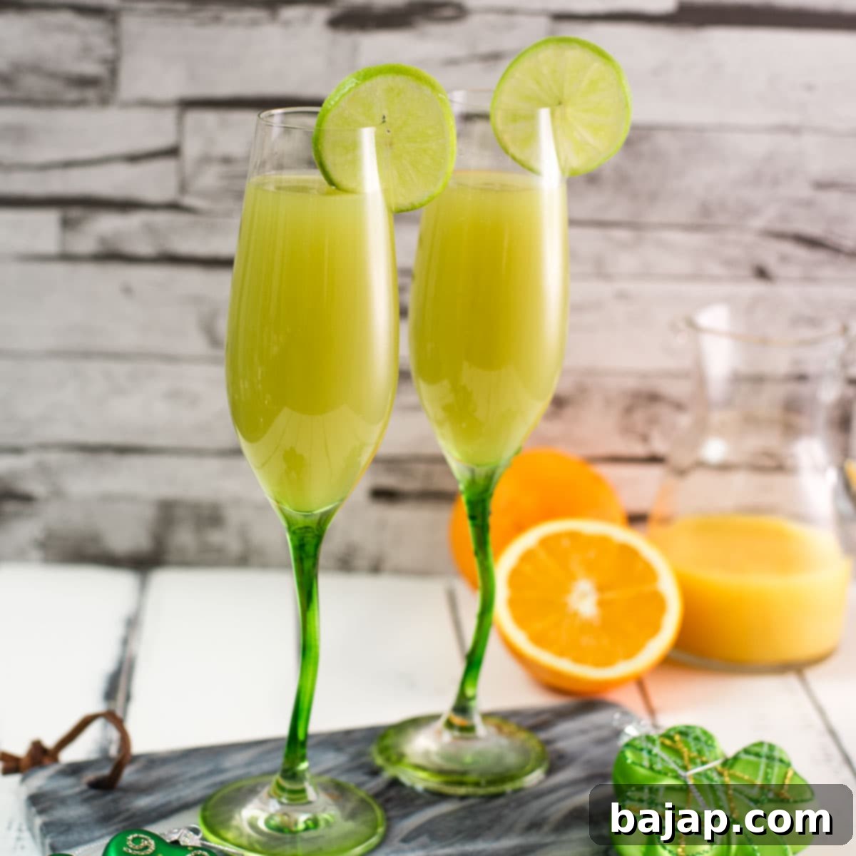 A pretty and festive St. Patrick's Day Mimosa in soft green, made with just three ingredients and no food coloring, ideal for brunch.