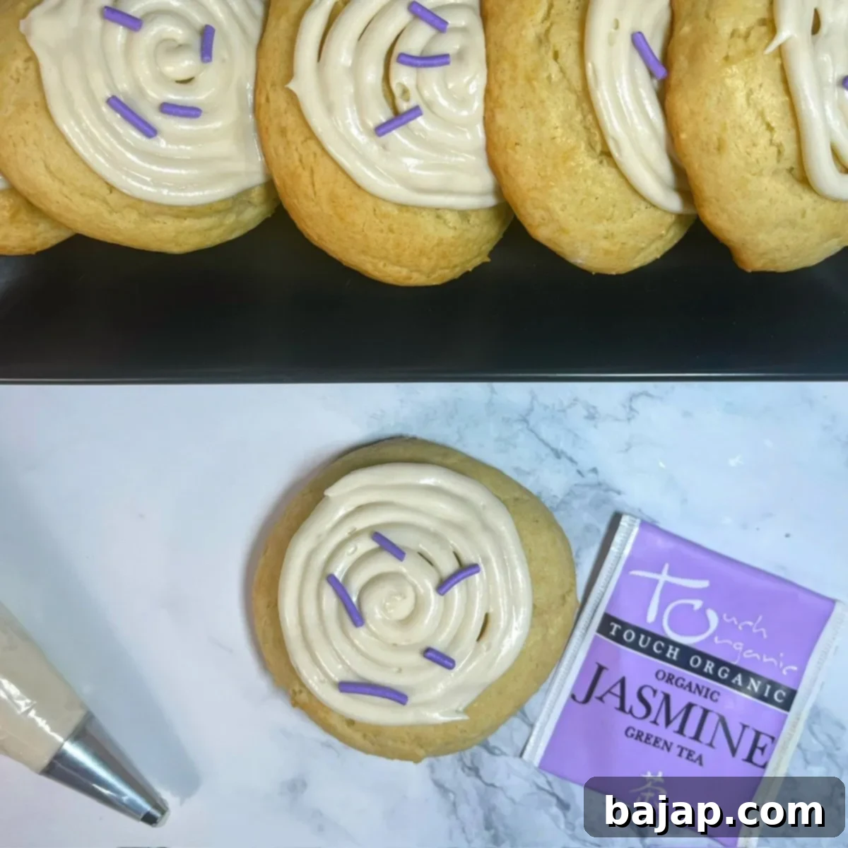 Aromatic Jasmine Tea Shortbread Cookies with a delicate drizzle of honey frosting.