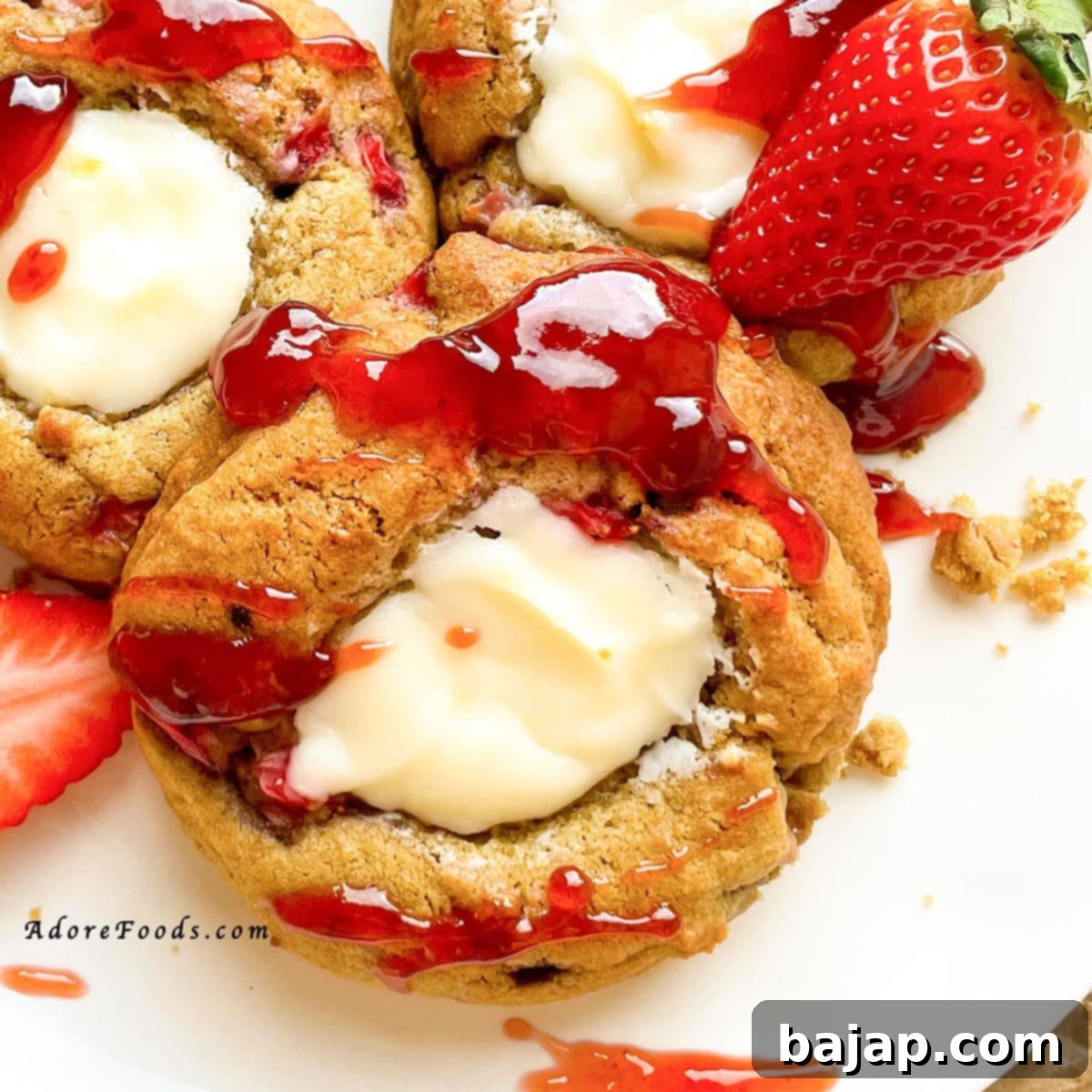 Soft and chewy Strawberry Cheesecake Cookies filled with cream cheese balls, offering all the flavors of your favorite dessert.