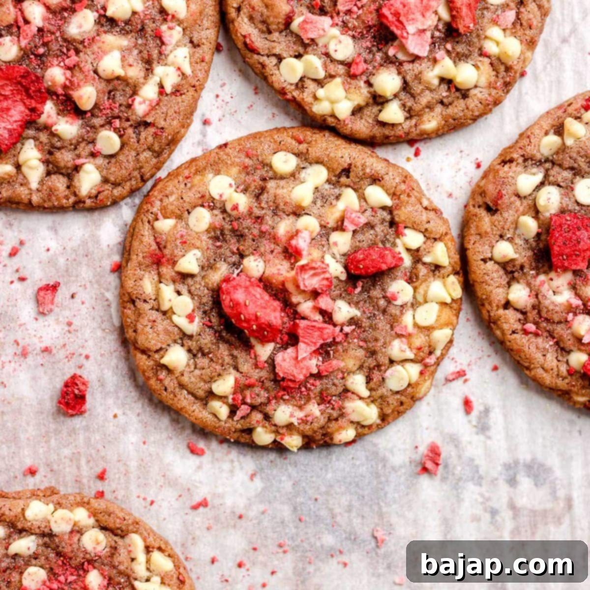 Chewy Strawberry White Chocolate Chip Cookies, tasting like strawberries and cream, made with freeze-dried strawberries.