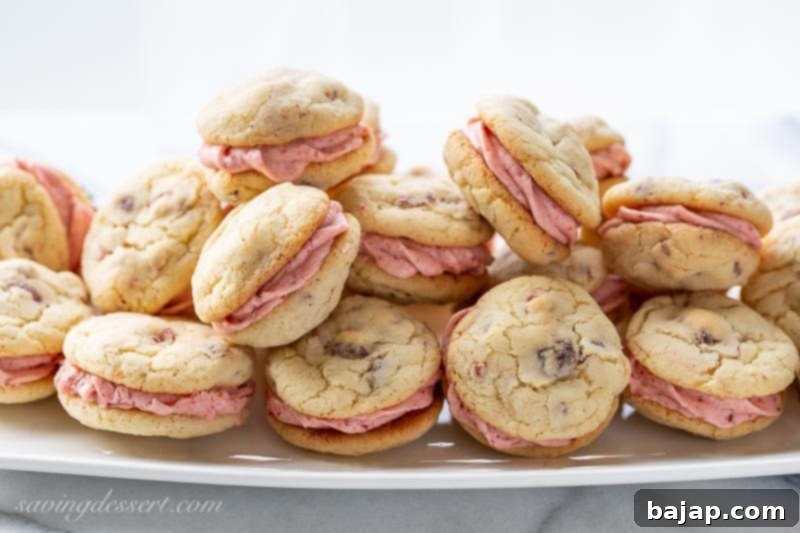 Intensely flavored Strawberry Cookies filled with Strawberry Buttercream, made with freeze-dried strawberries.