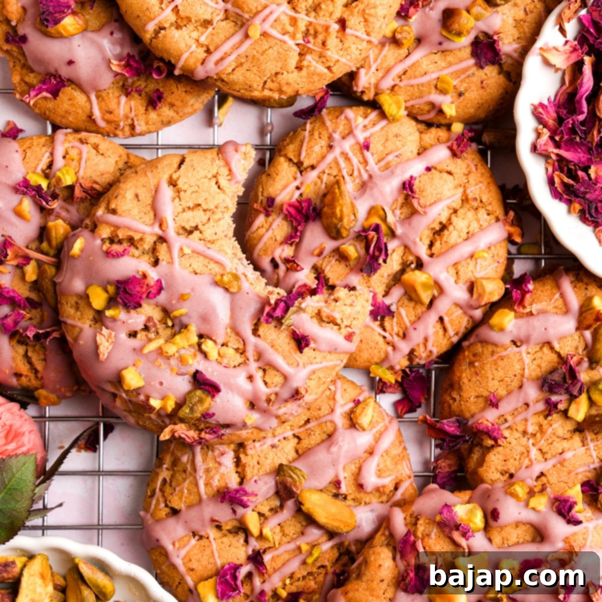 Elegant and romantic Healthy Pistachio Rose Cookies, a gluten-free, vegan, oil-free, and refined sugar-free recipe.