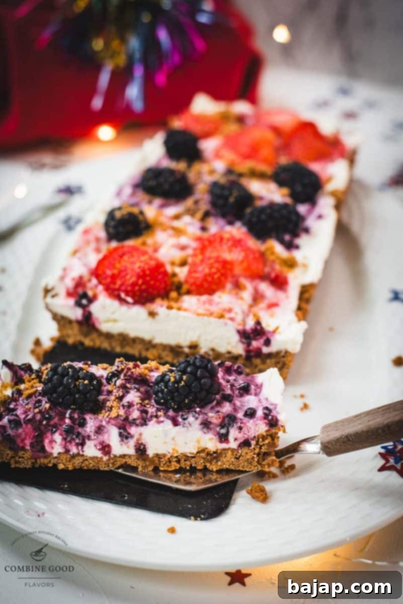 A stunning no-bake 4th of July tart featuring a Lotus Biscoff crust, creamy strawberry-blackberry filling, and vibrant fruit decorations. Perfect for patriotic celebrations.