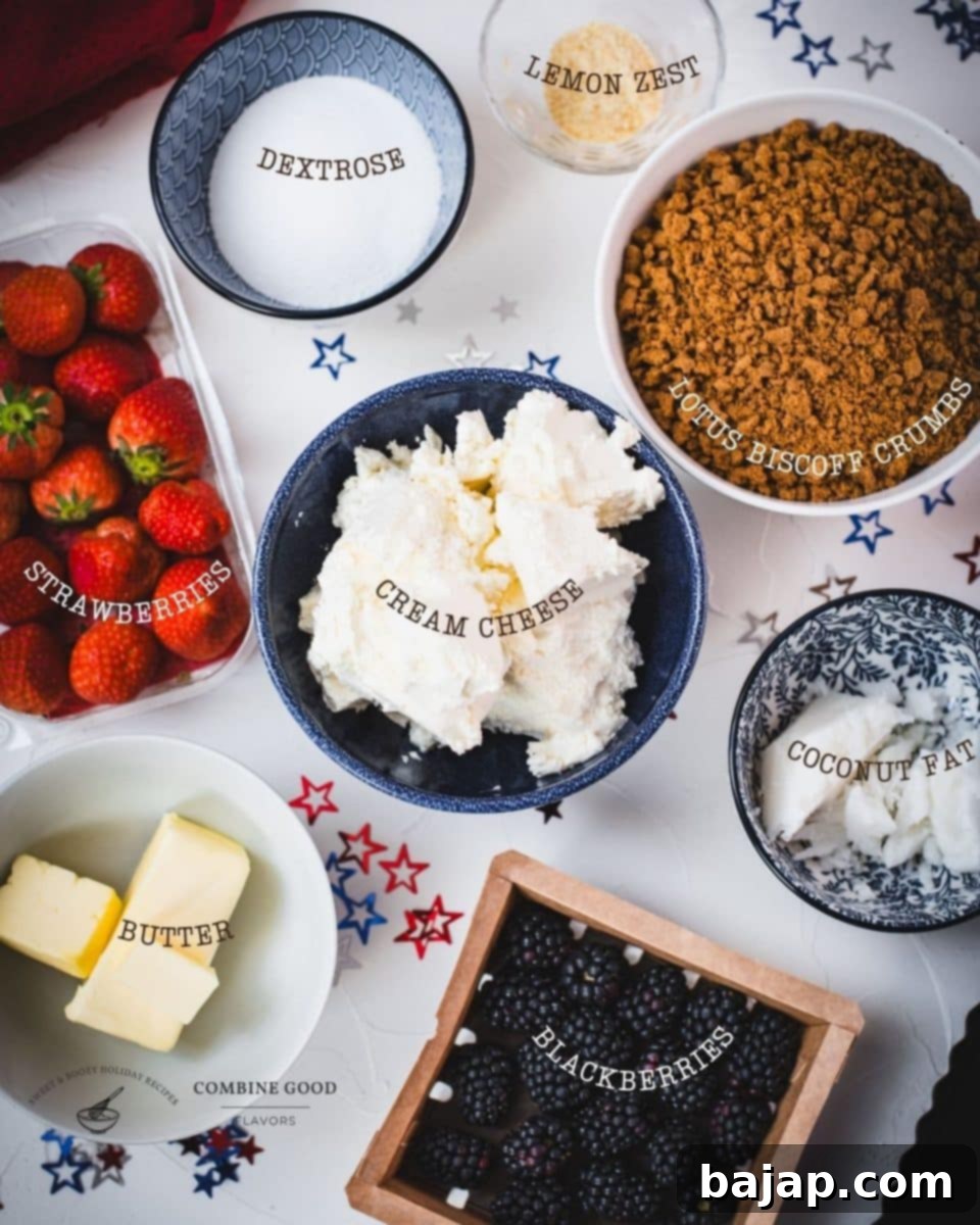 Ingredients for a no-bake 4th of July tart: cream cheese, butter, dextrose, coconut fat, lemon zest, Lotus Biscoff cookie crumbs, fresh blackberries, and fresh strawberries.