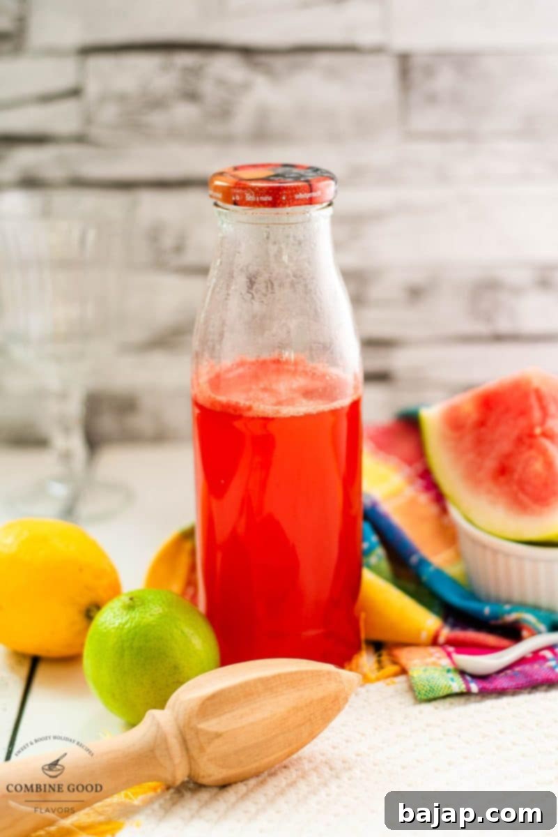 Preserving bottle filled with vibrant homemade watermelon syrup, ready to be used in refreshing beverages.