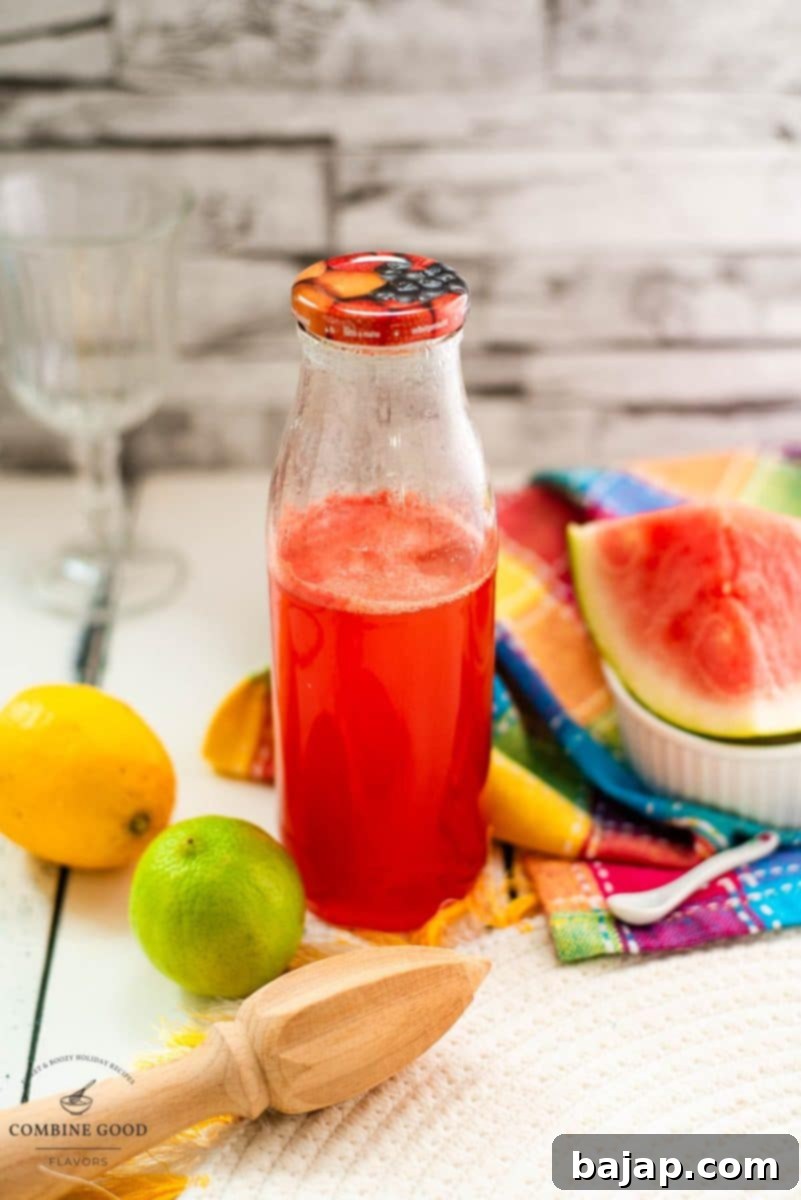 Beautifully bottled watermelon syrup, chilling in the fridge, ready to use.