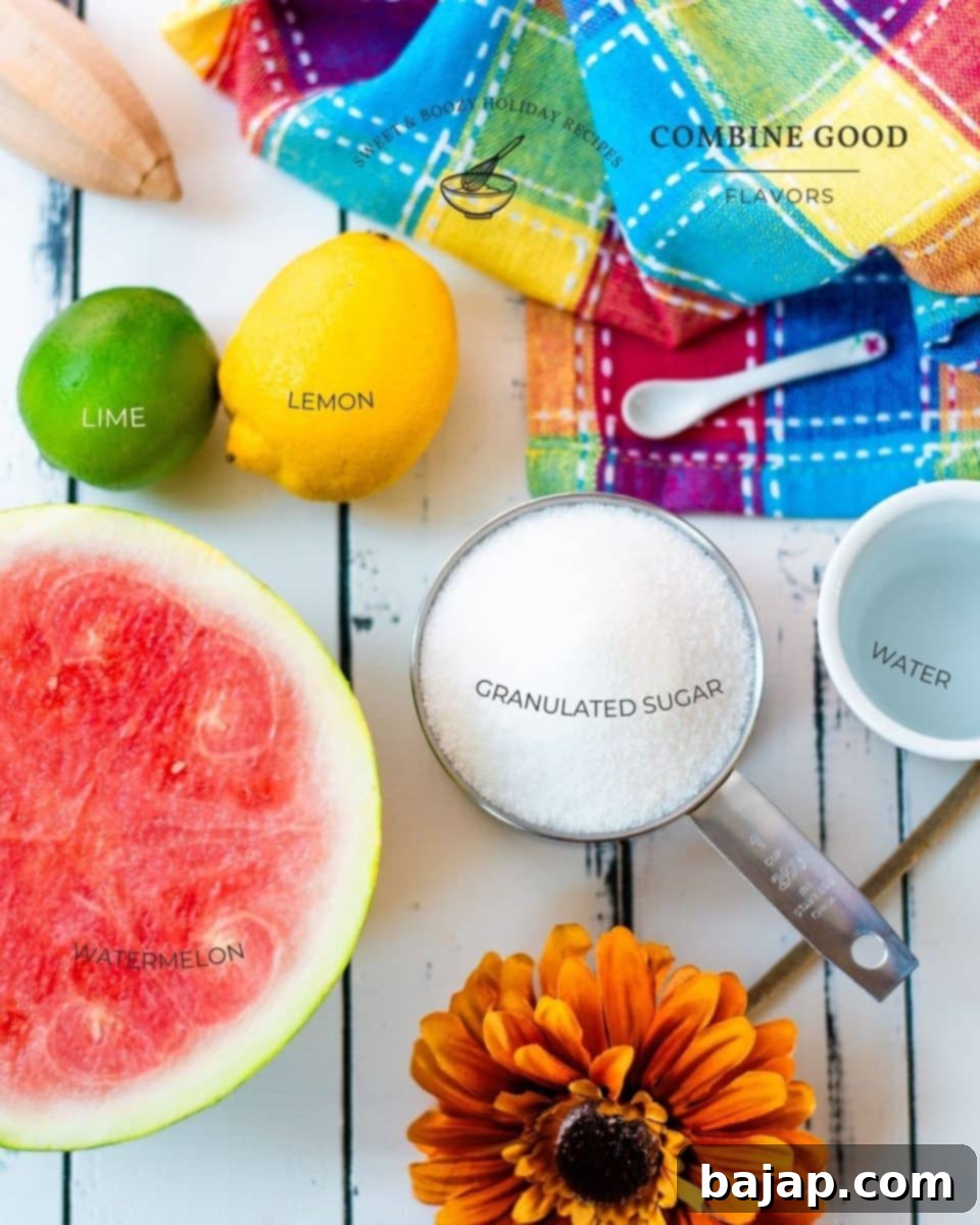 Collection of fresh ingredients for making delicious watermelon syrup: granulated sugar, watermelon chunks, water, and whole lemon and lime.