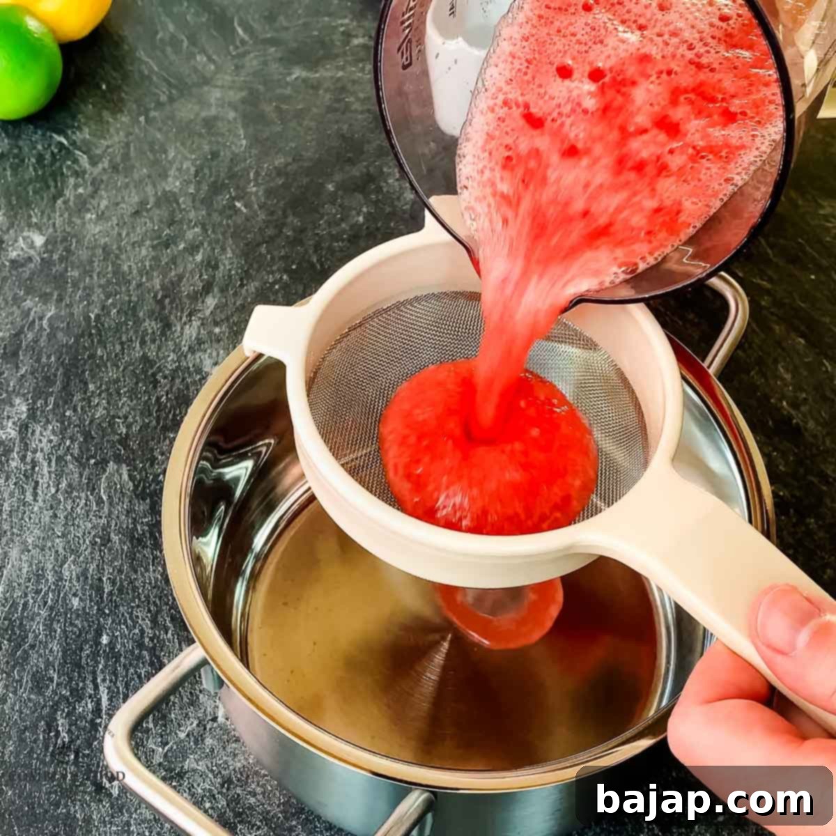 Straining watermelon purée through a fine-mesh sieve into a saucepan to remove solids.