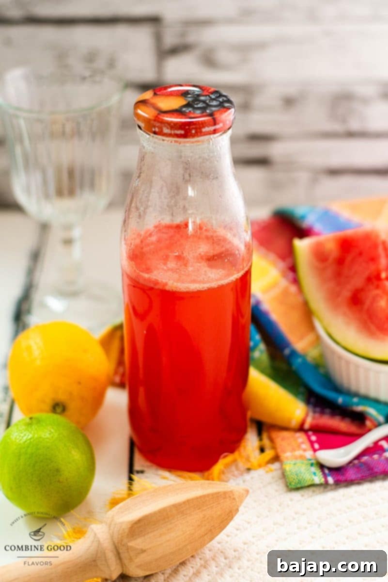 Chilled preserving bottle filled with vibrant watermelon syrup placed on a white wooden surface, ready for enjoyment.