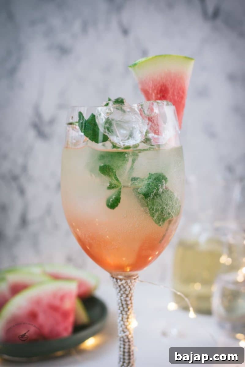 Gorgeous wine glass filled with watermelon spritzer, garnished with watermelon slice and fresh mint leaves.