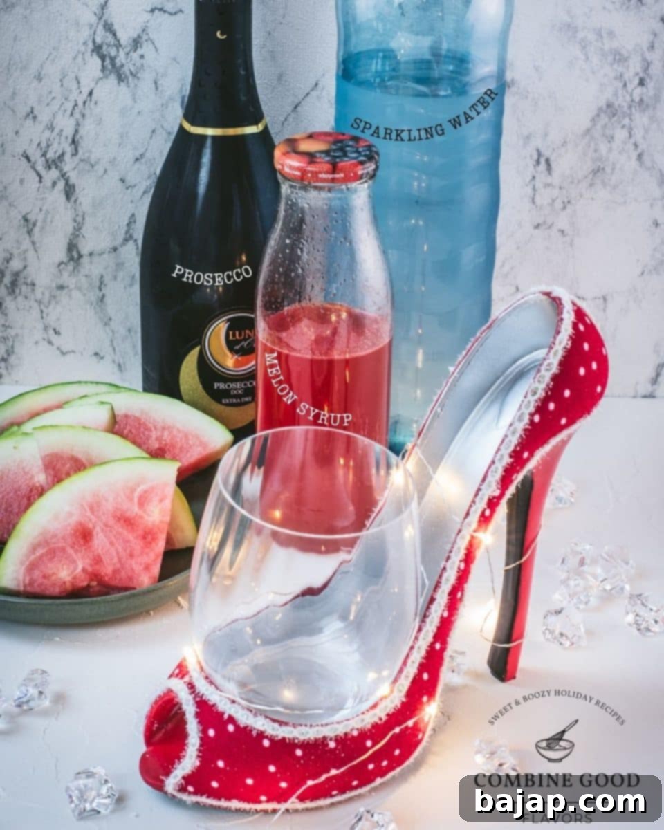 Ingredients for watermelon spritz with prosecco - watermelon syrup, sparkling water, prosecco.