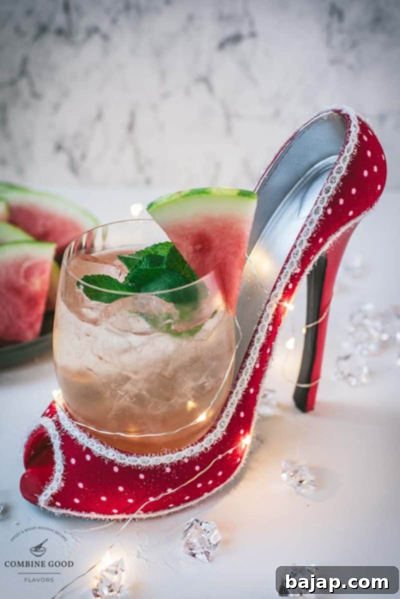 Watermelon Prosecco Spritz 8 A festive Prosecco Watermelon Spritz with mint garnish, beautifully presented in a stylish high heel glass for a fun, summery touch.