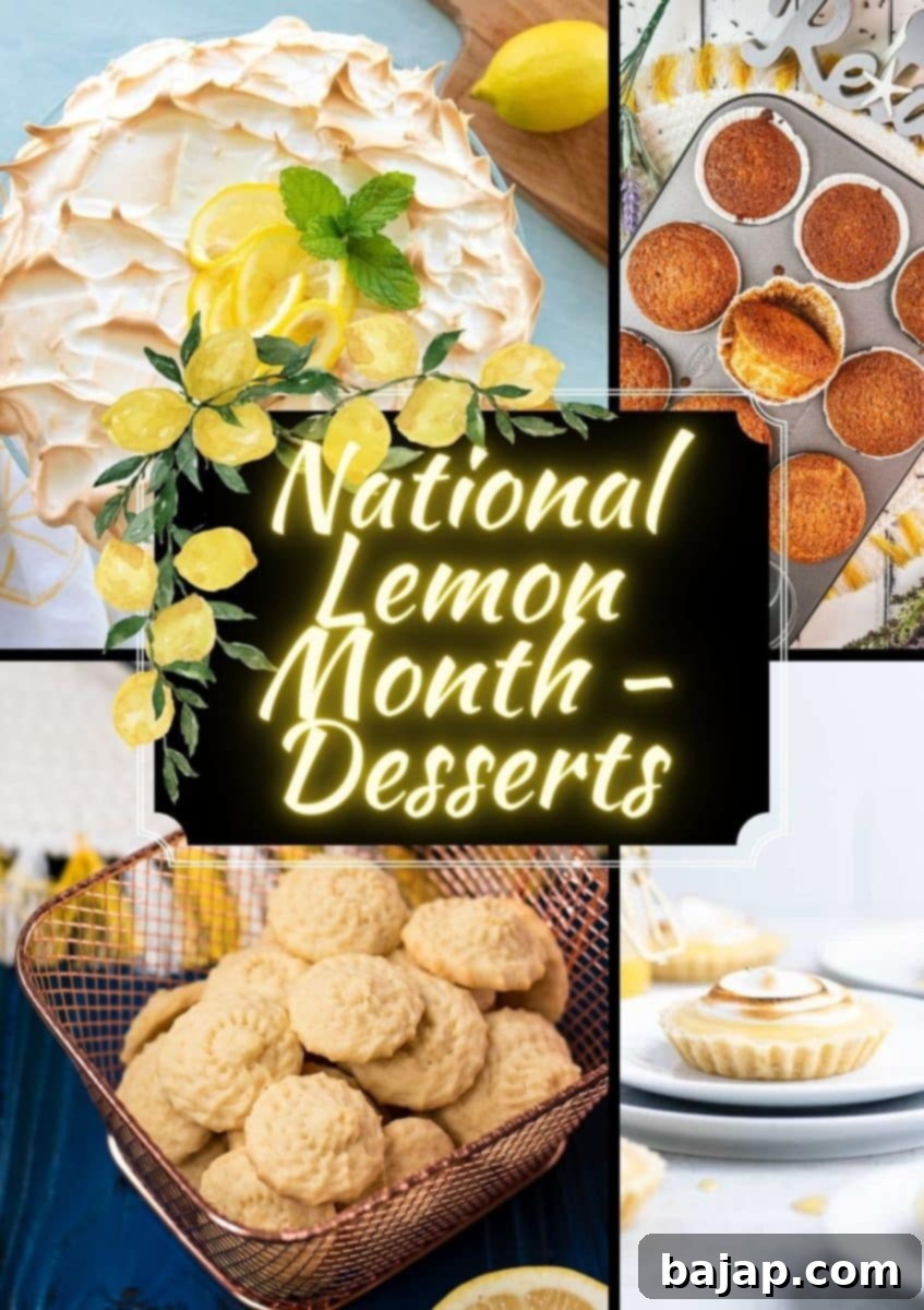 A vibrant spread of various lemon desserts, including lemon bars, cakes, and cookies, celebrating National Lemon Month.
