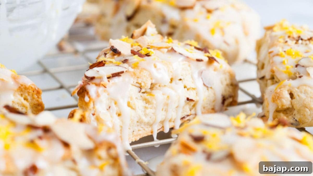 Freshly baked lemon almond scones with a sweet lemon glaze.