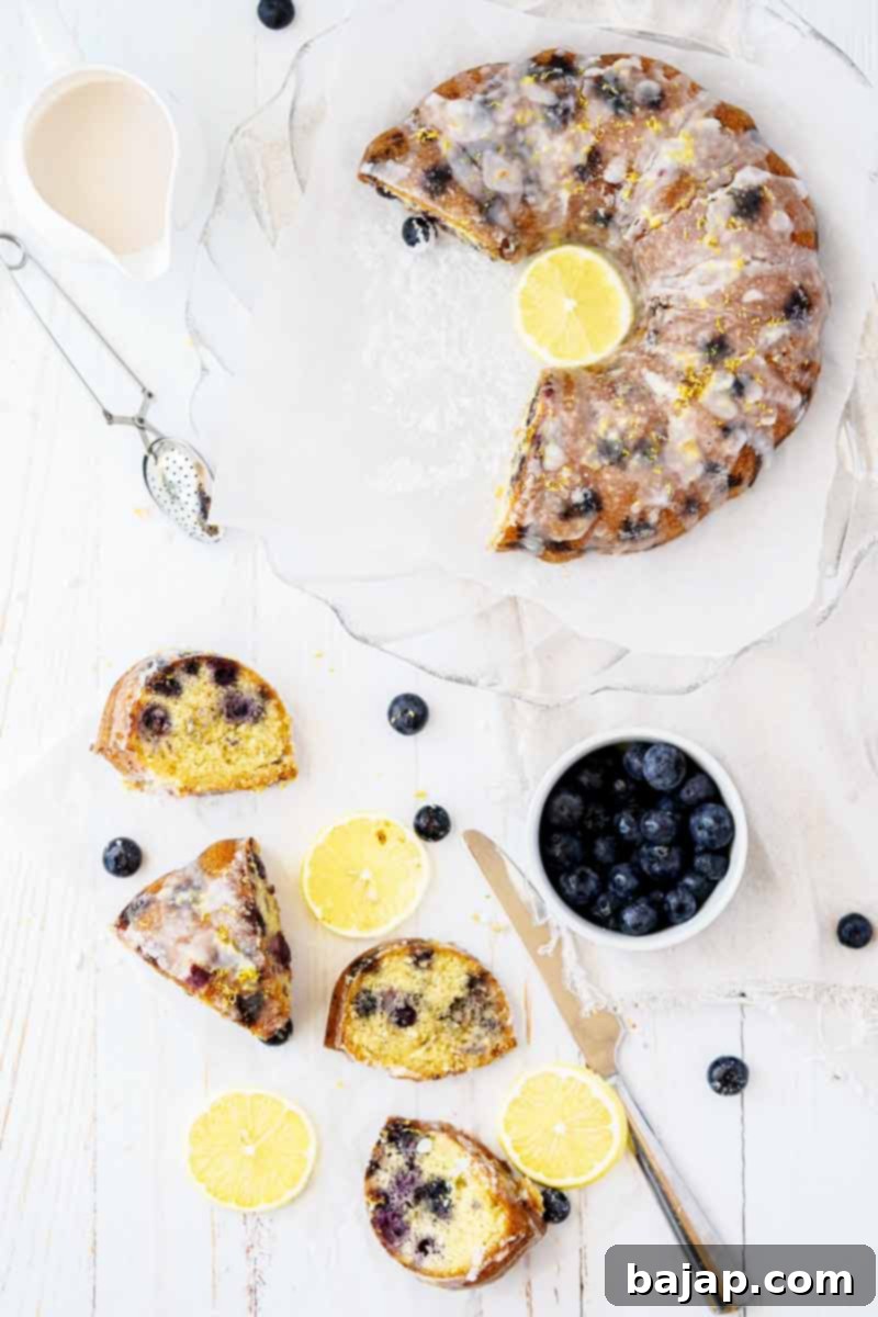 Gluten-free lemon cake with blueberries, dusted with powdered sugar.