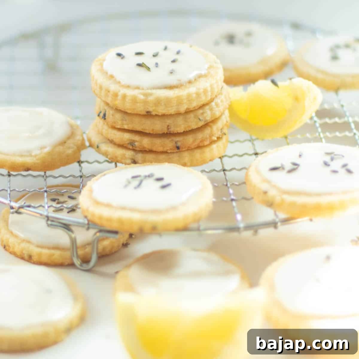Exquisite Lemon Lavender Shortbread Cookies with a delicate lemon glaze.