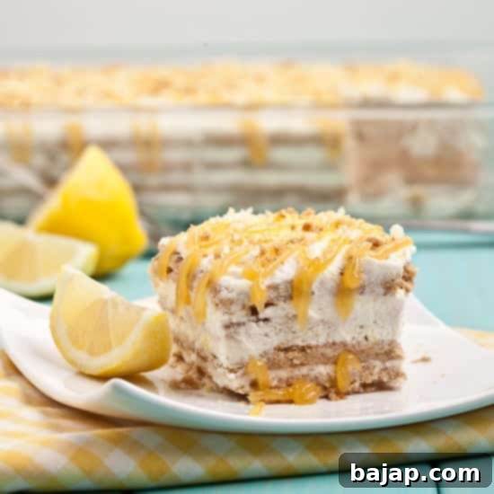 A slice of refreshing no-bake lemon icebox cake.