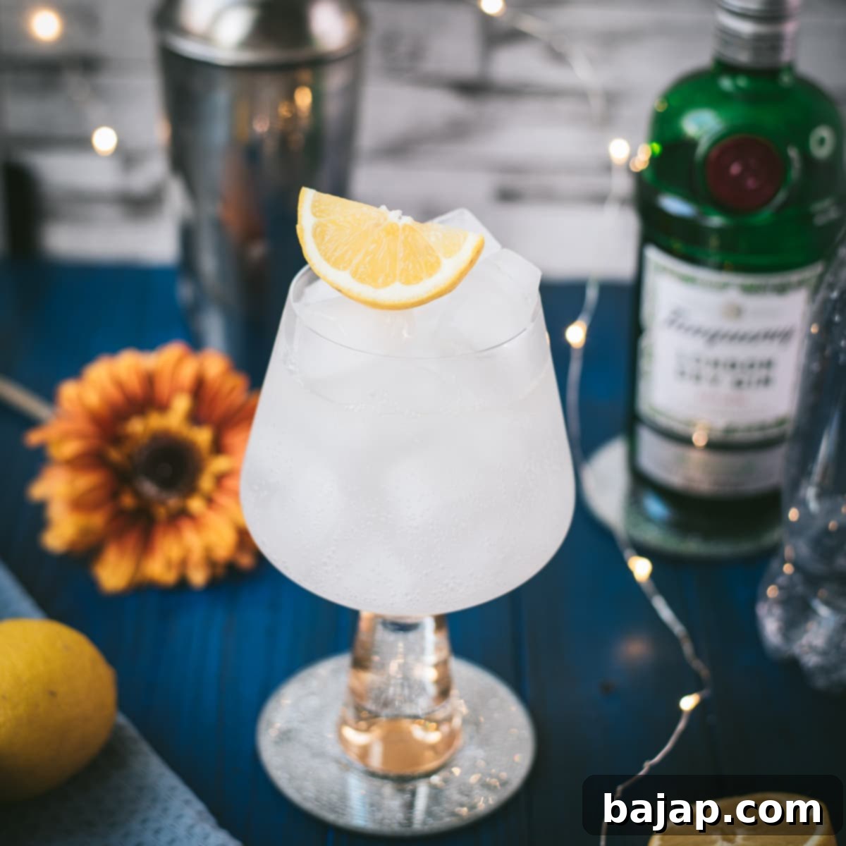 A beautifully garnished glass of refreshing Lemon Gin and Tonic.
