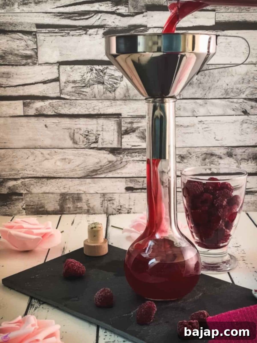 Funnel on top of the glass flask while pouring the raspberry syrup into it for storage.