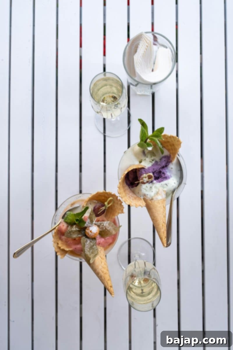 Sweet Harmony Wine Pairings 2 Ice cream and white wine on white wooden ground.