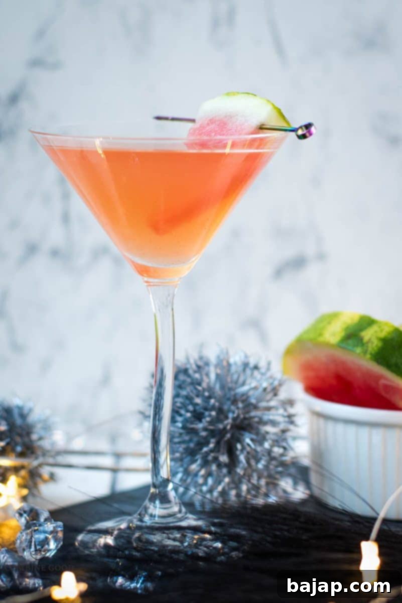 Gorgeous watermelon martini with a watermelon garnish, placed on a black slate plate. The drink is a vibrant pink, inviting and fresh.