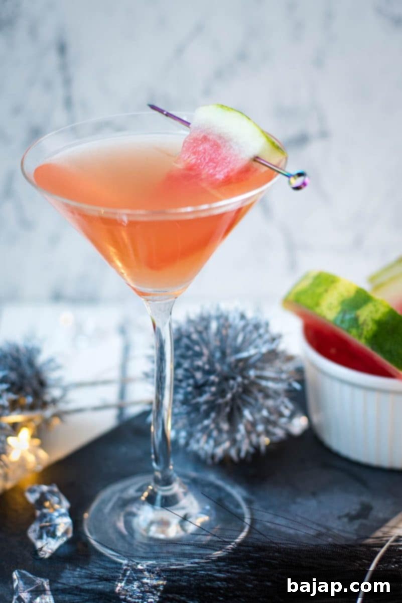 Gorgeous watermelon martini with a watermelon garnish, placed on a black slate plate.