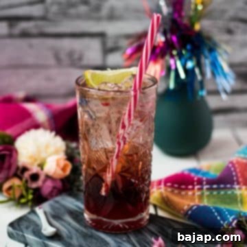 Gorgeous highball glass filled with raspberry gin tonic, using sloe gin. Garnished with a lime wedge and a drinking straw.