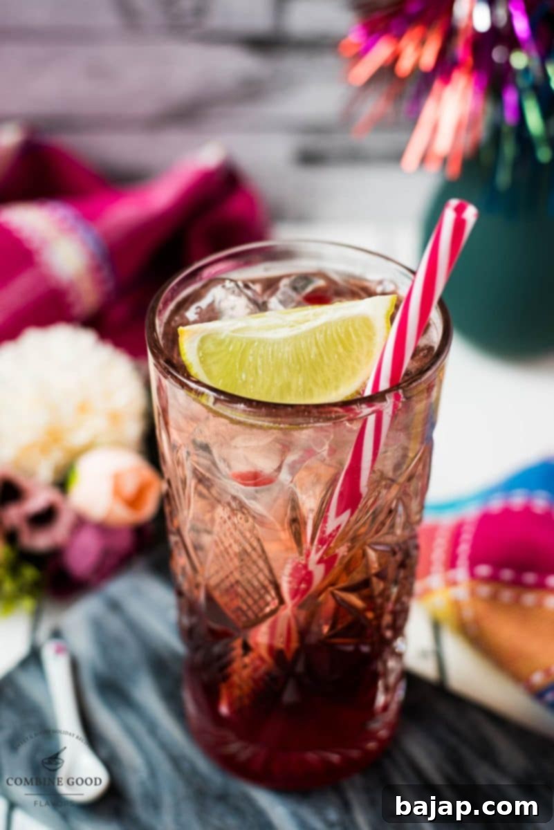 Gorgeous highball glass filled with raspberry gin tonic, using sloe gin. Garnished with a lime wedge and a drinking straw, with a softer focus.