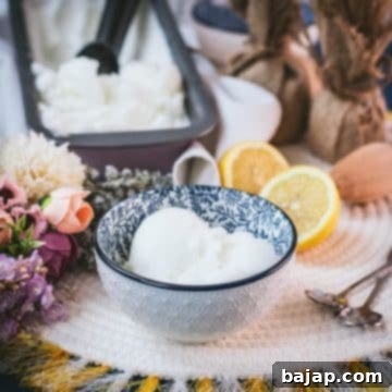 Delicious lemon sorbet served in white and blue patterned bowl.