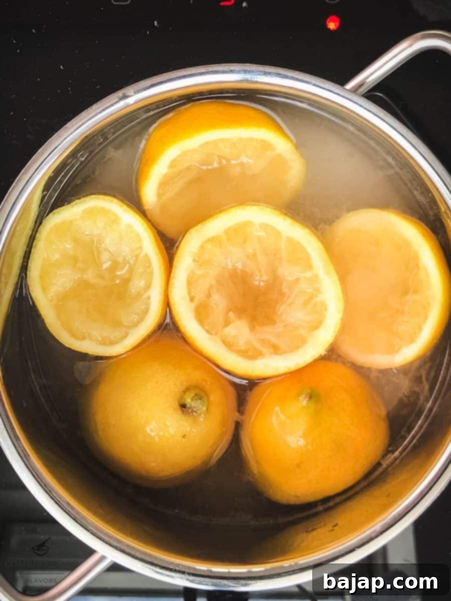 Bring the lemons, sugar and water to the boil.
