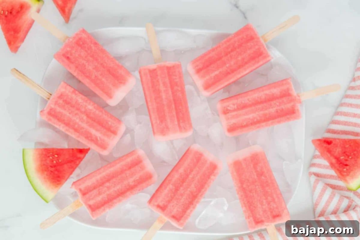 Homemade watermelon popsicles, some with mint leaves, arranged artfully on a light-colored surface.