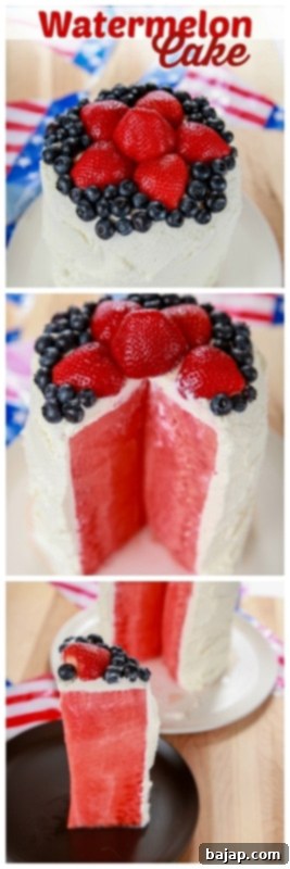 A vibrant watermelon 'cake' layered with whipped cream and topped with fresh berries, presented as a collage.