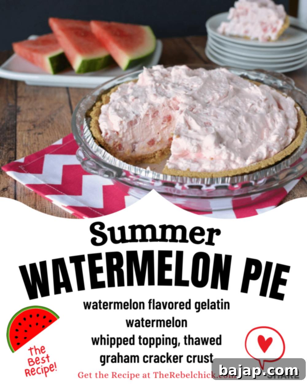A slice of vibrant Summer Watermelon Pie, showcasing its pink filling and whipped topping.