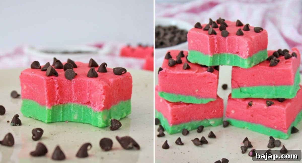 Colorful watermelon fudge squares, resembling mini watermelon slices, artfully arranged.