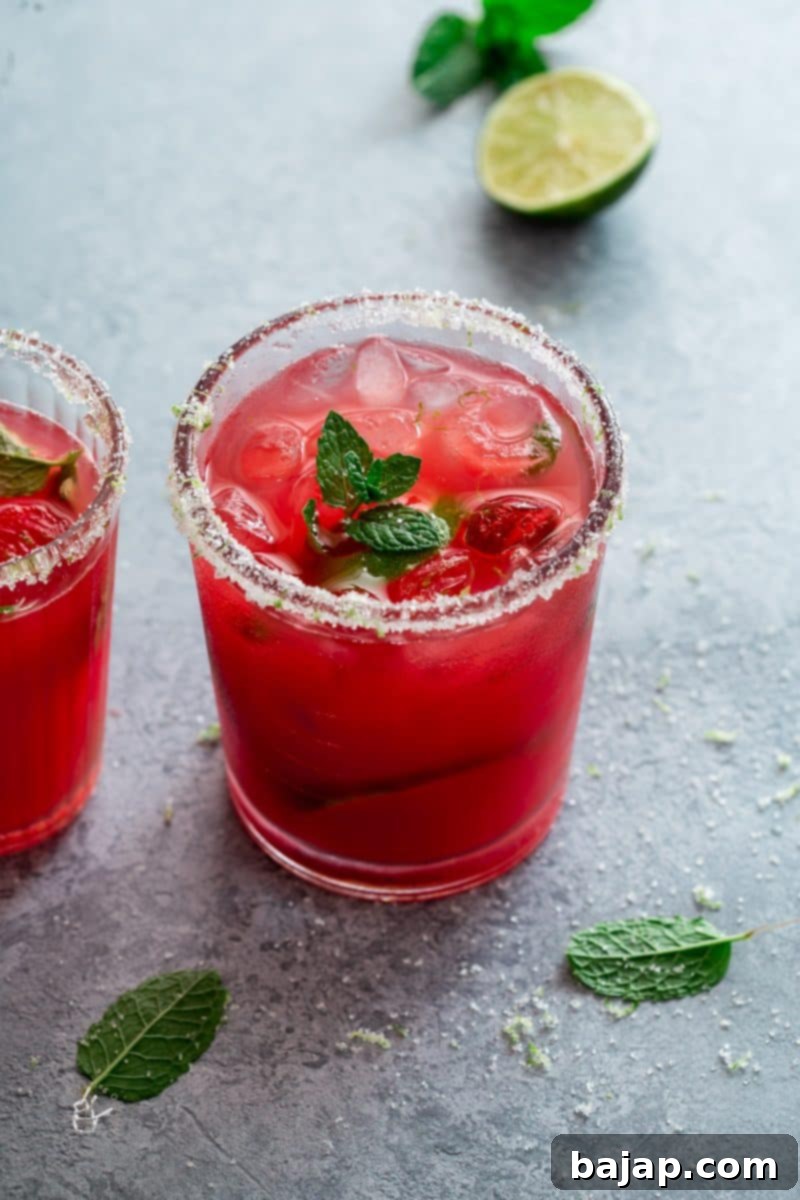 A beautifully presented watermelon mocktail with mint and lime, served in a tall glass with a straw.
