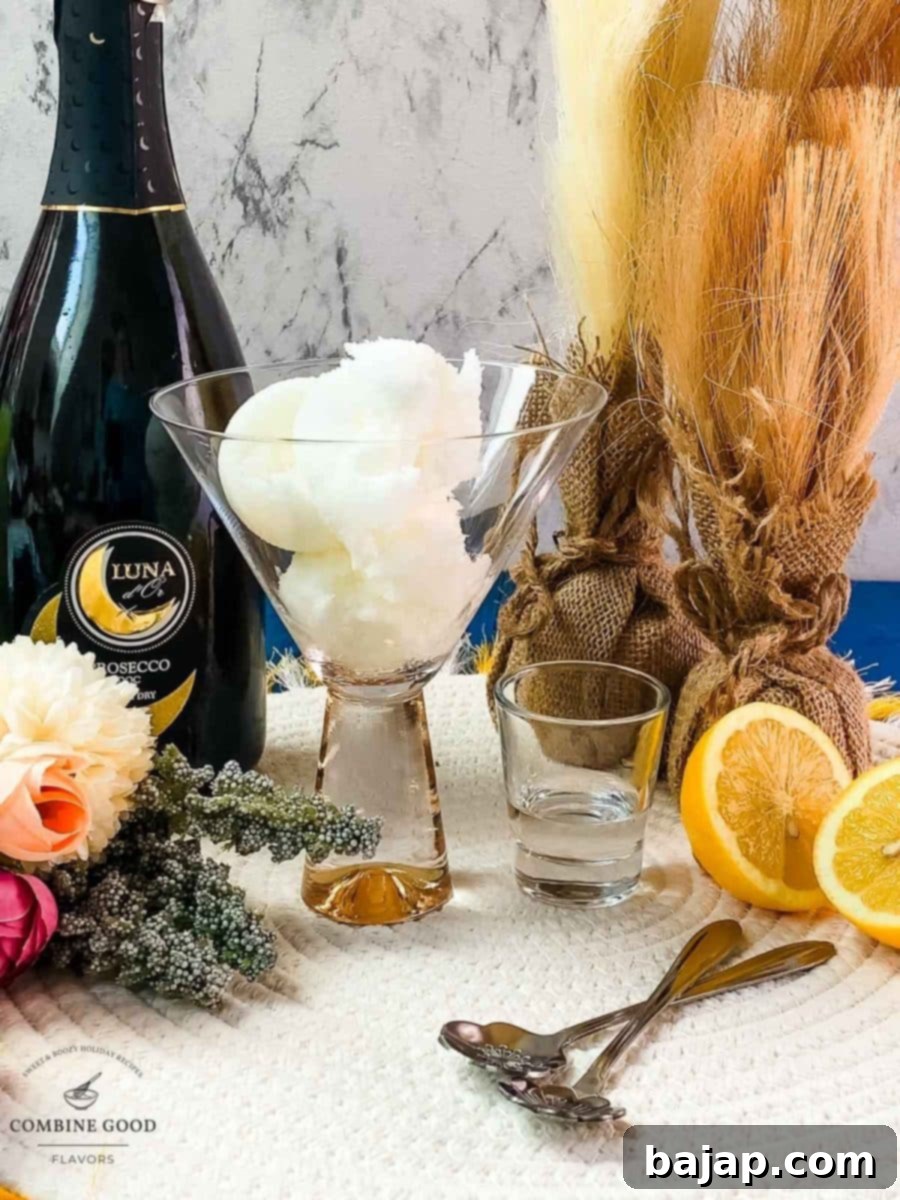 Ingredients for Sgroppino - Fresh lemon sorbet, premium vodka, and sparkling Prosecco, ready for mixing.
