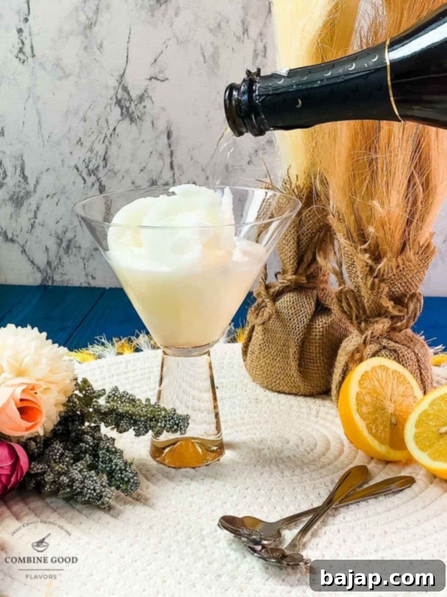 Topping off the lemon sorbet and vodka mixture with sparkling Prosecco for a Sgroppino.