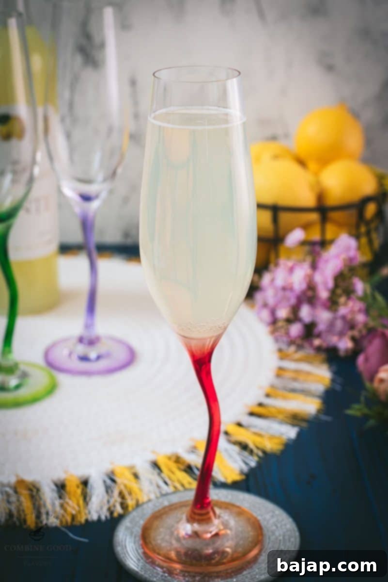 Gorgeous champagne glass filled with delicious sparkling limoncello.